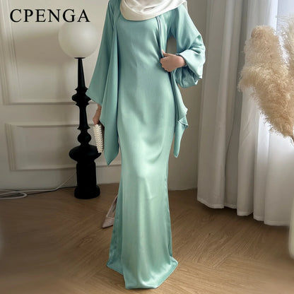 2-teiliges Saudi-Arabien muslimisches Damen-Abaya-Kleid aus Satin für Damen, Islam, Dubai, Urlaub, bescheidene Kleidung, 2024, elegante türkische Robe.