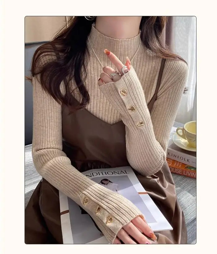 2025, weibliche Casual Tops Pullover Frauen Herbst Winter Gestrickte Dünne Pullover Feste Taste Volle Hülse Halb Hohen Kragen Pullover.