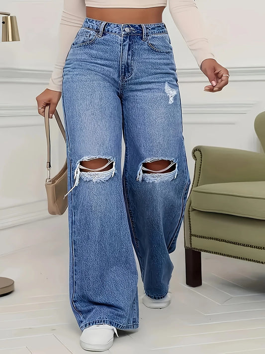 Women's High-Waisted Straight Leg Denim Jeans with Ripped Details, Casual and Fashionable Pants.