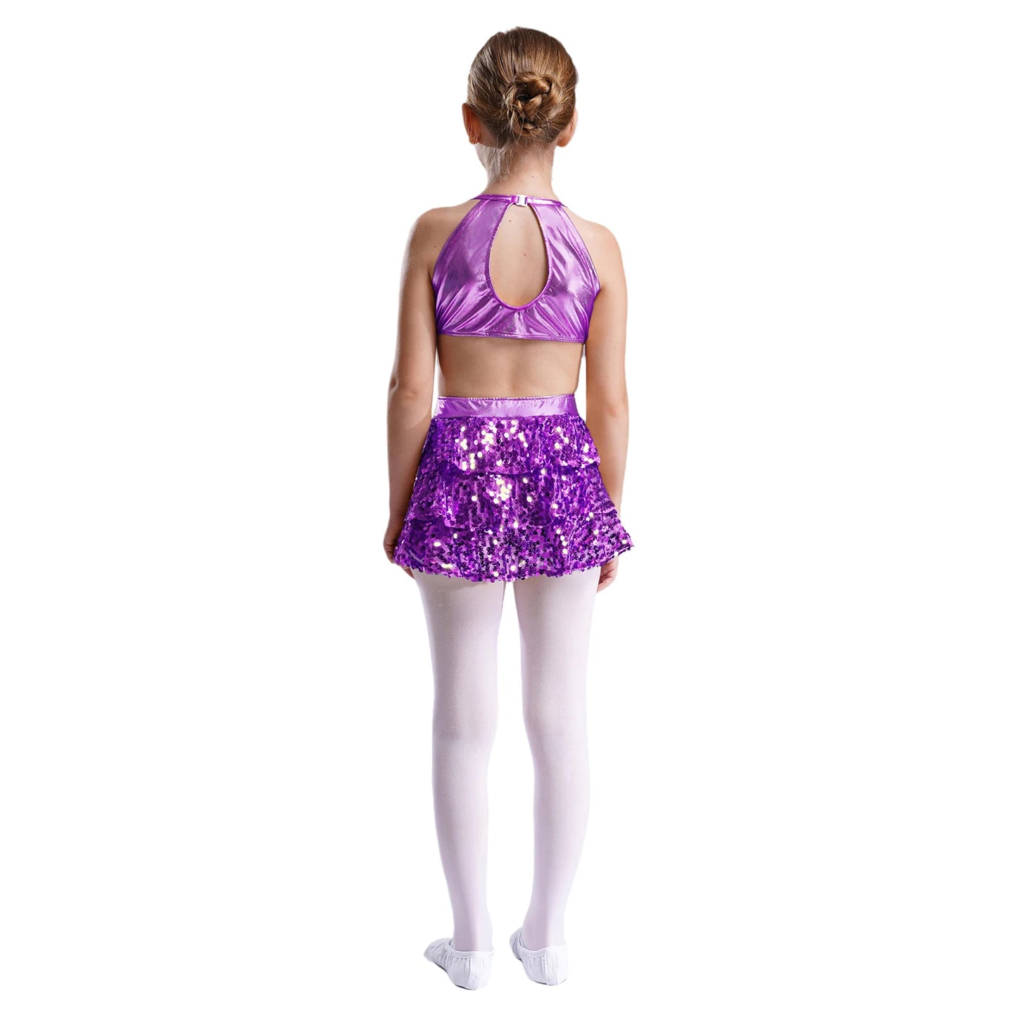 Kinder Mädchen Pailletten Jazz Ballett Tanzkleid Ärmellos Ausschnitt Tiered Rüschen Trikot Salsa Samba Rumba Skating Performance Kostüm