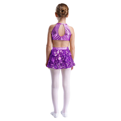Kinder Mädchen Pailletten Jazz Ballett Tanzkleid Ärmellos Ausschnitt Tiered Rüschen Trikot Salsa Samba Rumba Skating Performance Kostüm