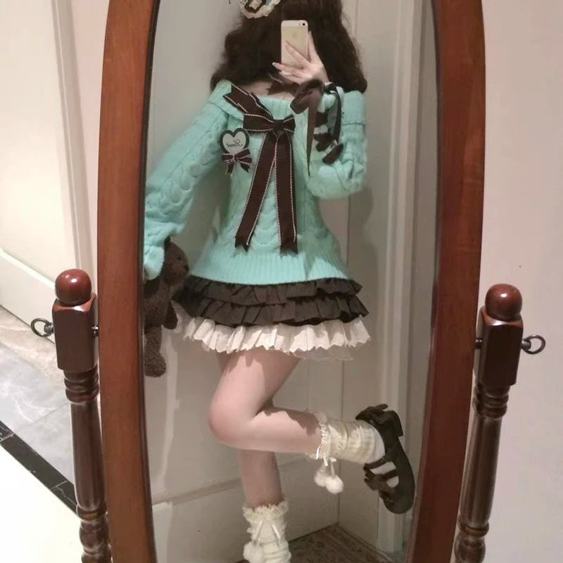 Japanese Sweet Lolita Mini Skirts Women Y2K Kawaii Lace Patchwork Bow Cake Skirt Femme High Waist Preppy All Match A Line Skirts.