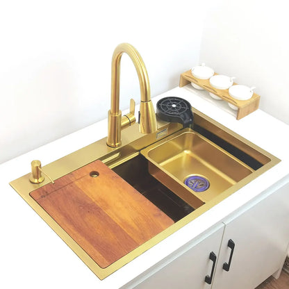 Gold Wasserfall Wasserhahn Küchenspüle Nano Waschbecken 304 Edelstahl Golden Topmount Single Bowl Waschbecken 4-Funktions-Küchenarmatur