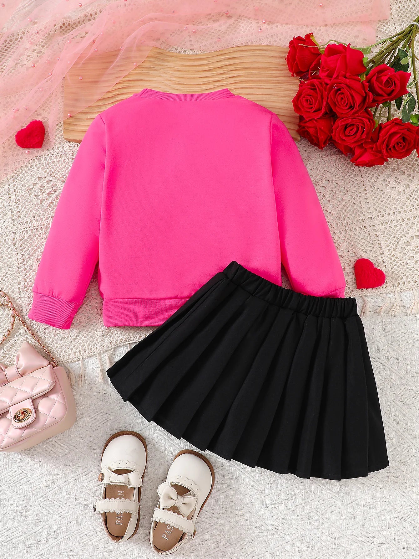 Spring 3-10y Kids Girls Clothes Heart Printing Tops Pleated Skirt 2pcs Sets Children's Outdoor Daily Wear Valentine's Day Gift.