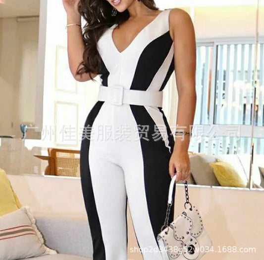 Black And White Contrasting Color Slim Jumpsuit Women Without Belt 2025 Spring Summer New Product Fashion Women's Sleeveless.