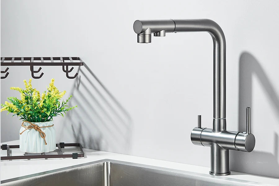 Filtered Kitchen Sink Faucet Pull Out Spray 360 Rotation Water Filter Tap Dual Sprayer Drinking Water Tap Vessel Sink Mixer