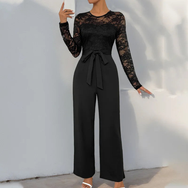 Woman Black Lace Sleeve Jumpsuit Round Neck Belted Waist Ideal for Evening Parties and Cocktail Events