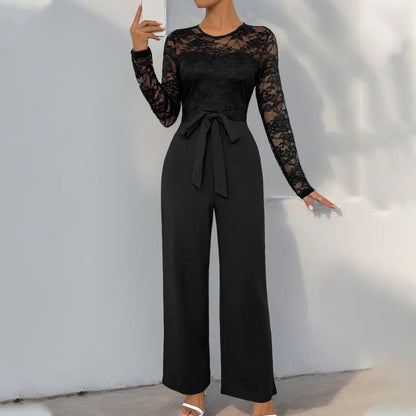 Woman Black Lace Sleeve Jumpsuit Round Neck Belted Waist Ideal for Evening Parties and Cocktail Events