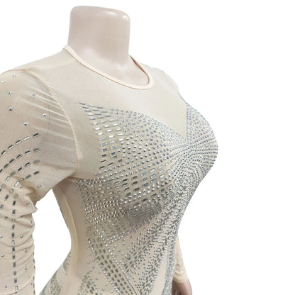 XIZOU Frauen Mesh Patchwork Diamanten Heißer Strass Bodenlangen Bodycon Meerjungfrau Maxi Kleid Sexy Party Abend Vestidos 2024