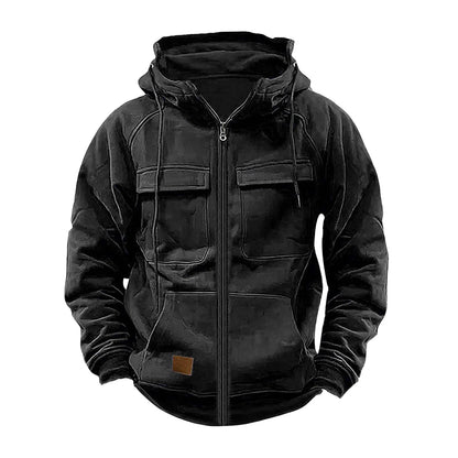 New Autumn Winter Men's Hooded Solid Hoodies Jackets Multi Pockets Male Zipper Sweatshirts Sports Outdoor Casual Hoodie Coat.