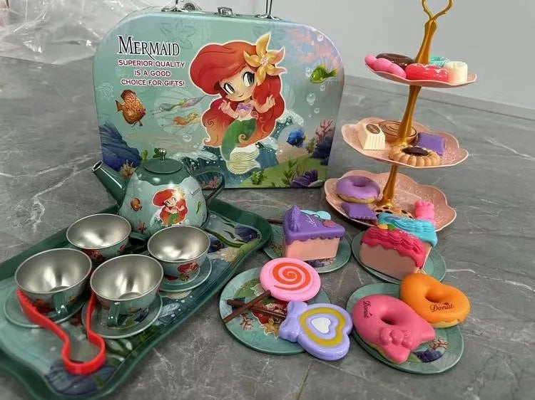 Kids Tea Party Set For Little Girls Mermaid Gift Pretend Toy Tin Tea Set Princess Tea Time Kitchen Pretend Play Tea Set Gift.