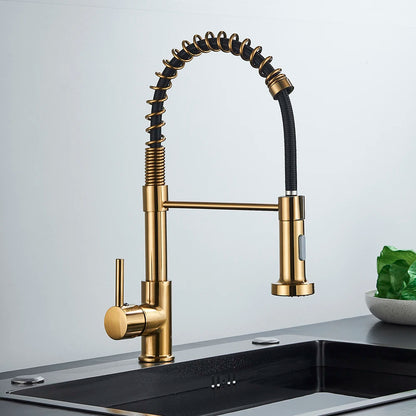 Brushed Gold Kitchen Sink Faucet Spring Pull-down Hot Cold Mixer Faucet Deck Installation Faucet