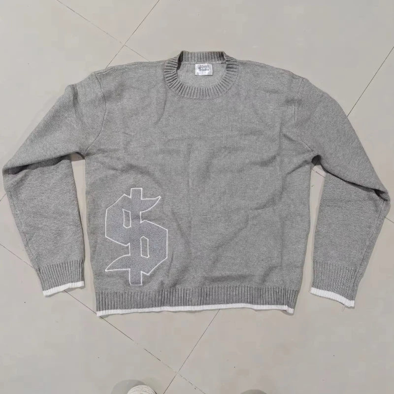 European American autumn and winter round neck gray knitted sweater popular pattern Y2K pullover warm men and women's clothes.