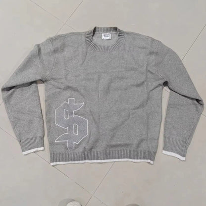 European American autumn and winter round neck gray knitted sweater popular pattern Y2K pullover warm men and women's clothes.
