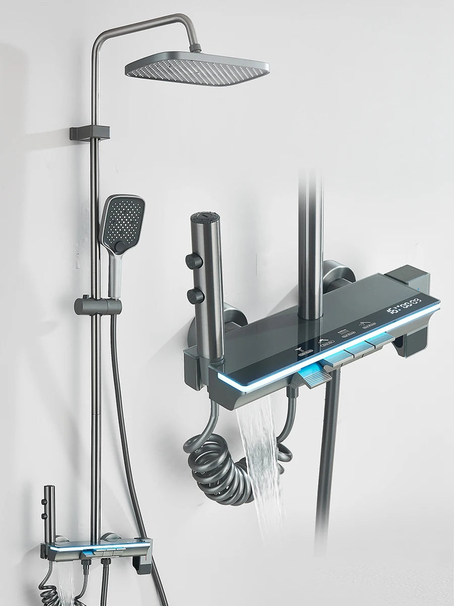 Intelligent Digital Display Luxury Shower Set Bathroom Wall Mounted Piano Key 4 Ways Water Outlet Rainlfall Shower Faucet System