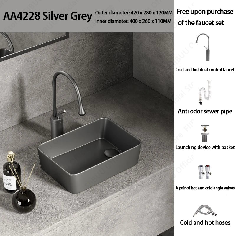 Rechteckiges silbergraues Porzellan-Keramikgefäßwaschbecken über der Theke, Toilette, Badezimmer-Schminktisch, Waschbecken, glasiertes weißes Waschbecken