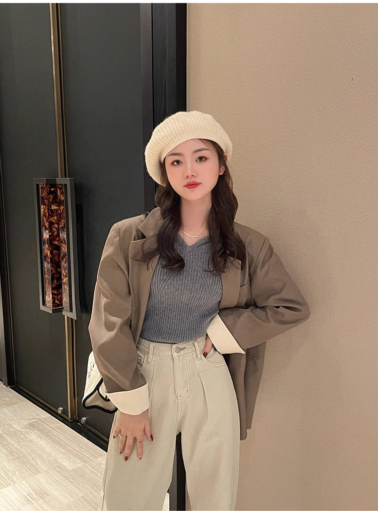 2025 grundlegende V-ausschnitt Chic Herbst Winter Pullover Frauen Weibliche Gestrickte Rippen Pullover Dünne Lange Hülse Badycon Hohe Qualität Pullover