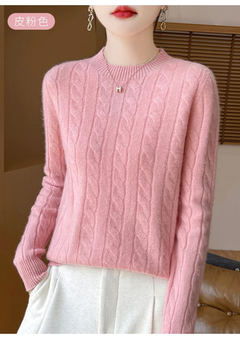 Frauen 100% Merino Wolle Verdickung Pullover Oansatz Gestrickte Twisted Pullover Herbst Winter Kaschmir Langarm Kleidung Basis Tops