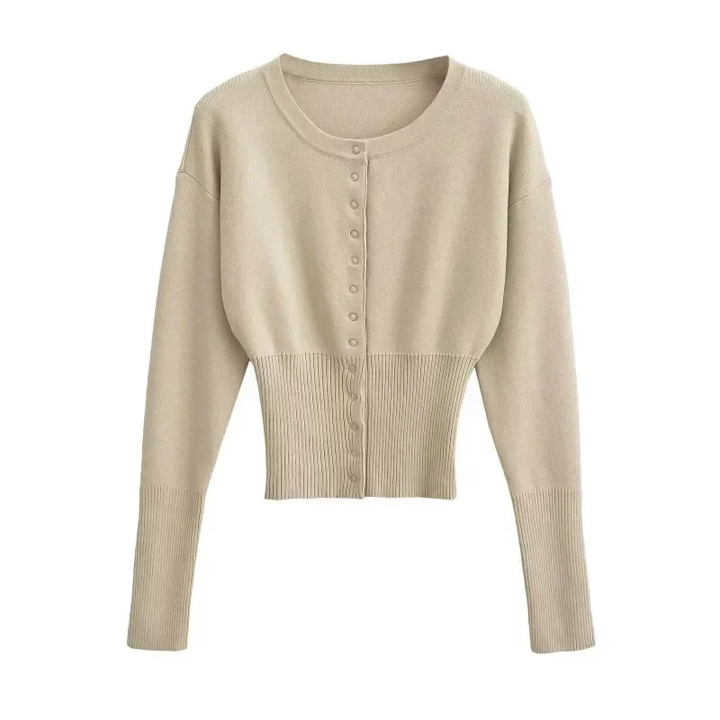 Women's High Waist Round Neck Single Breasted Cardigan Solid Long Sleeve Short Sweater Top Autumn Slim Bottoming Shirt