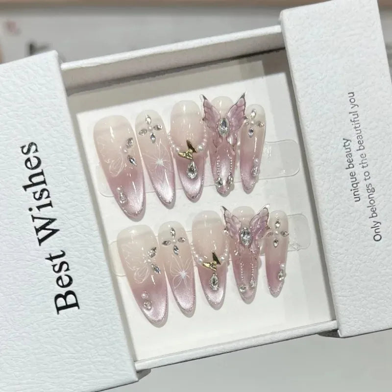 10pcs Pink Cat Eye False Nails 3D Butterfly Fake Nails Diamond Pearl Press on Nails Gradient French Glue on Nail Almond Nail Art.