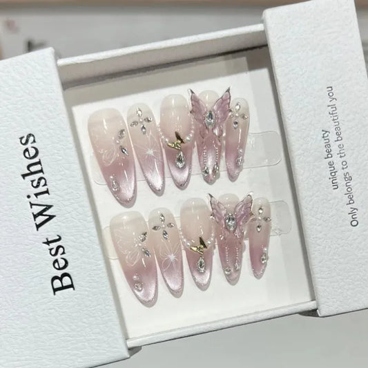 10pcs Pink Cat Eye False Nails 3D Butterfly Fake Nails Diamond Pearl Press on Nails Gradient French Glue on Nail Almond Nail Art.
