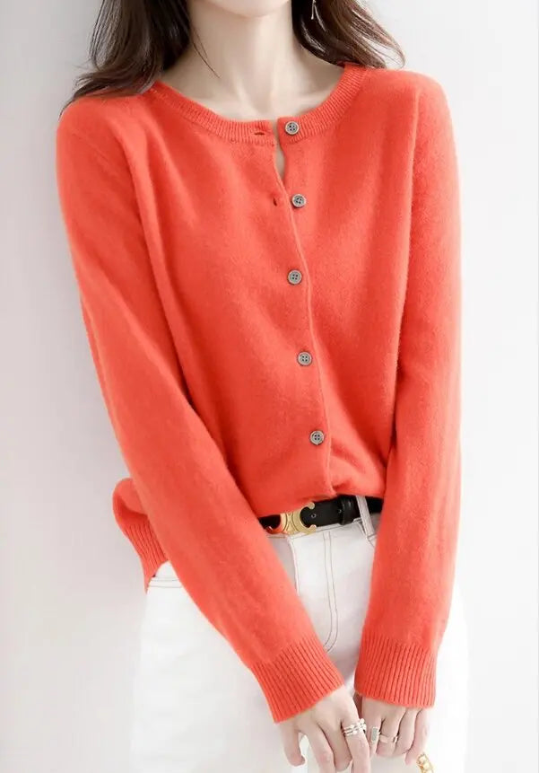 Women Knitted Cardigans Autumn Winter 2025 Round Neck Casual Long Sleeve Tops Solid Basic Soft Sweaters Female.