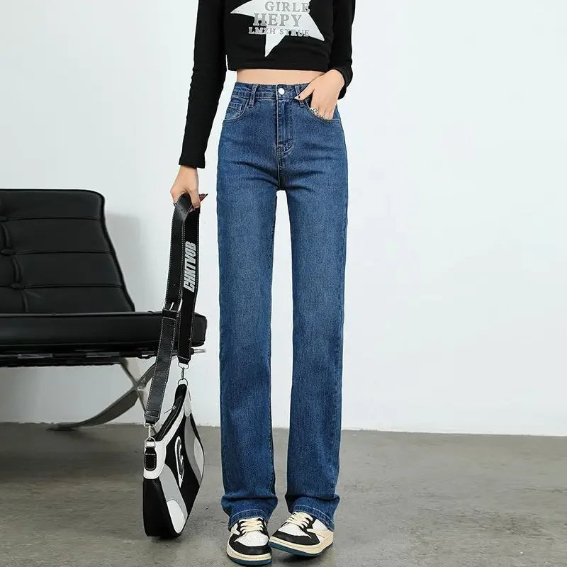 High Waist Elastic Denim Pants Straight Narrow Versatile High Waist Slimming Straight Tube Pants for Spring Autumn New Arrival.