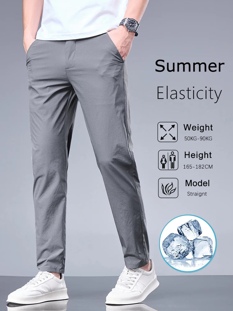 Summer New Business Ice Silk Pants Straight Elastic Waist Black Gray Trousers Breathable Simple Male Clothing Casual Suit Pants.
