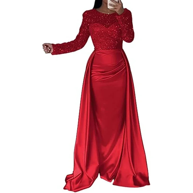 Elegant Satin Sequin Stitching Dress Luxury Glitter High Waist Gala Evening Dress Women Chic Long Sleeve Full Length Party Dress.