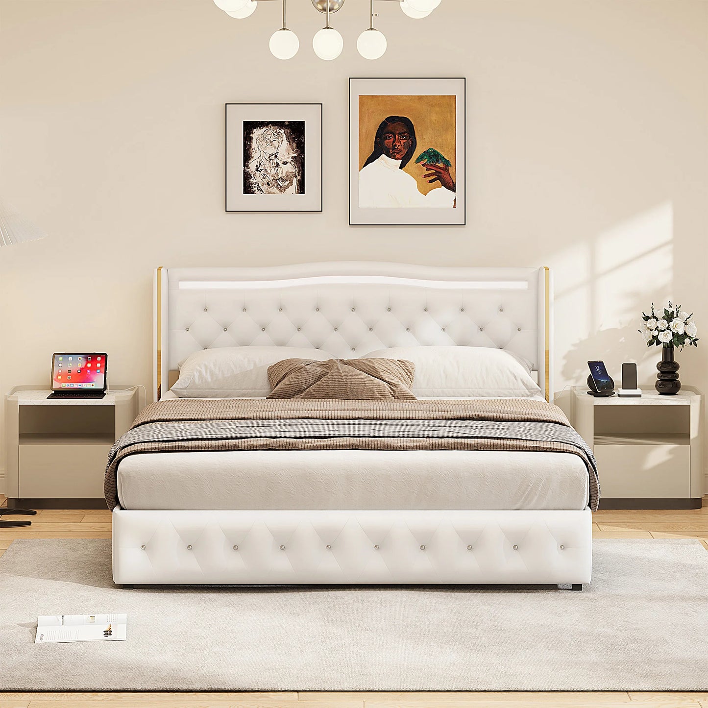 Lazyspace Diamond Embellishment Luxuriöses weißes PU-Polsterbett, Bettrahmen-Kopfteil mit bunten LED-Leuchten und USB-Anschluss