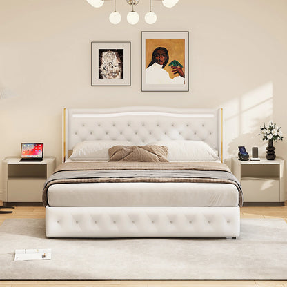 Lazyspace Diamond Embellishment Luxuriöses weißes PU-Polsterbett, Bettrahmen-Kopfteil mit bunten LED-Leuchten und USB-Anschluss