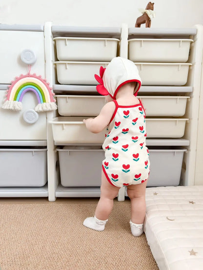 Baby Ein Stück Kleidung 2025, Sommer Koreanische Baby Body Ins Blume Voll Gedruckt Baby Sling Klettern Kleidung Mit Hut.