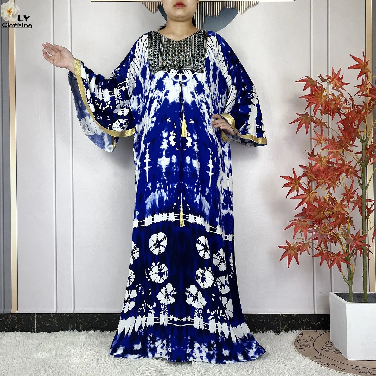 2025 New African Abaya For Women Dress Loose Batwing Sleeve Pockets High-quality Tie-dye Pure Cotton Fabric Women Islam Clothing.