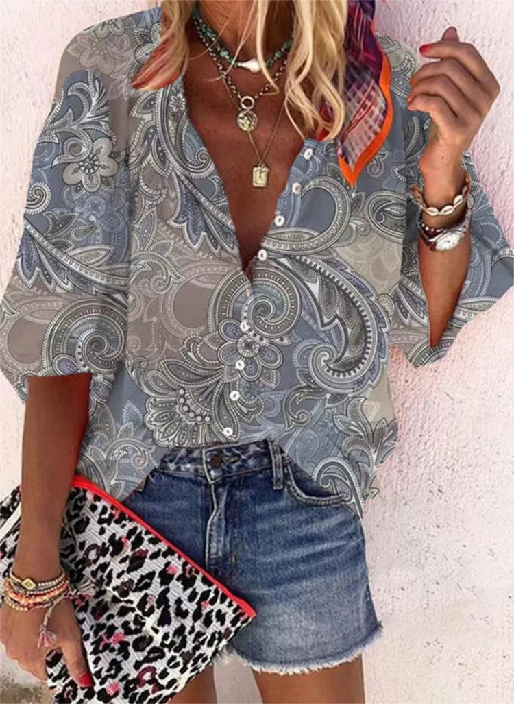2024 New Women's Shirts & Blouses Fashion Vintage Printed Casual Vacation Bohemian Style Lady Single-breasted Shirt Streetwear.