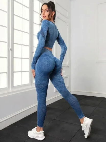 2 Piece Acid Wash Gym Set Women Seamless Long Sleeve Leggings Tracksuit Sports Fitness Suit Scrunch Workout Clothes Yoga Outfits