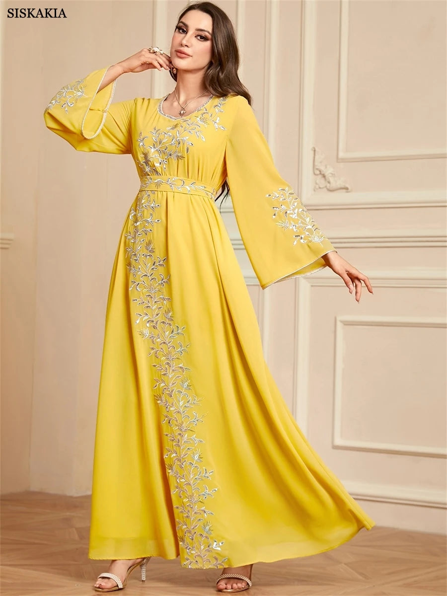 Siskakia Ramadan Muslim Woman’s Elegant Embroidery Abayas With Sashes Long Modest Dresses Women Loose Fashion Kebaya.