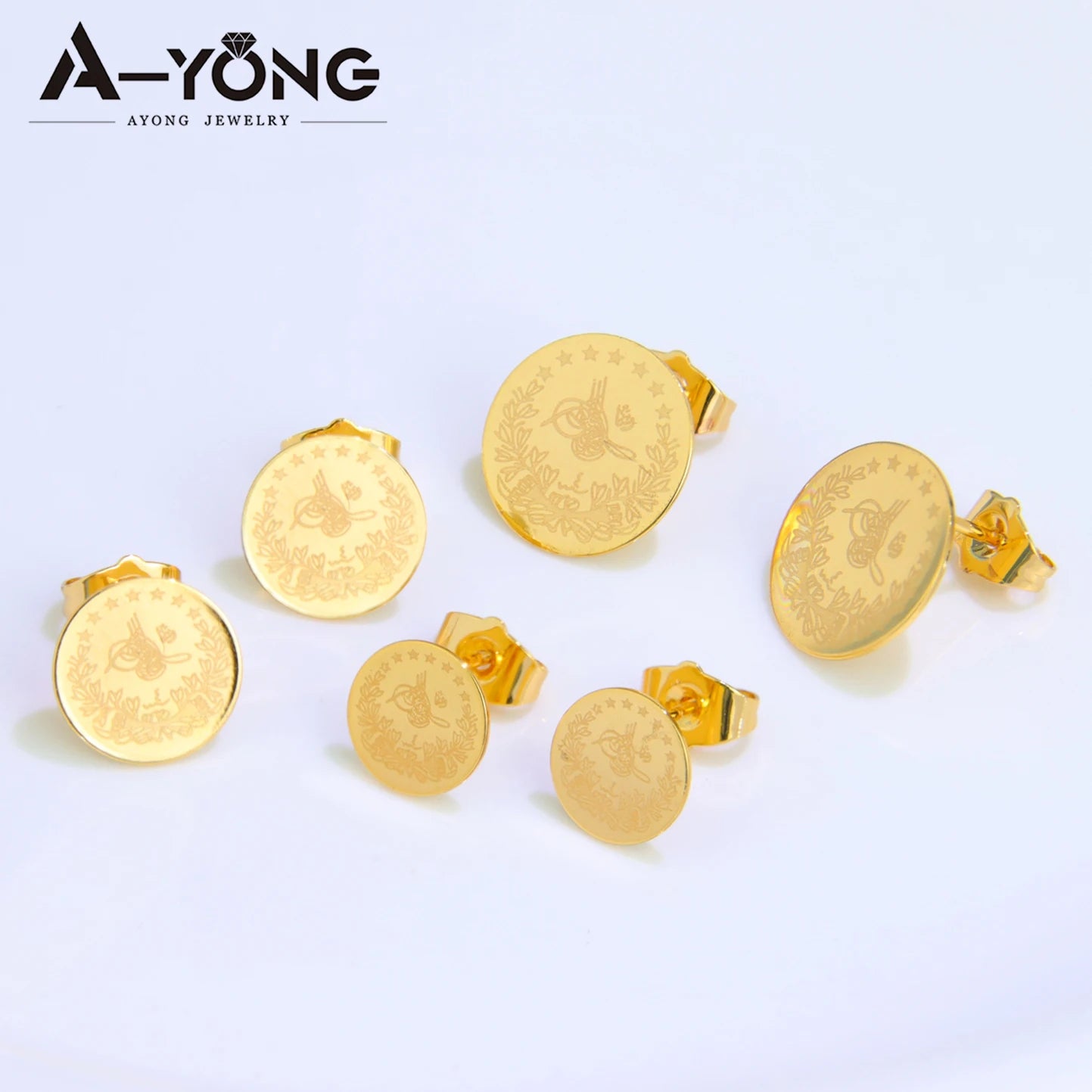 Simple Turkish Liberty Coin Stud Earrings 18k Gold Plated Round Ear Nail Dubai Arab Women Engagement Wedding Party Jewelry.