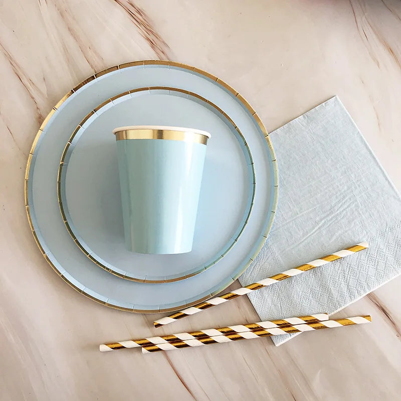 Gold Blue Party Disposable Tableware Paper Straw Cups Plates Napkins Baby Shower Favors Birthday Wedding Decor Party Supplies.