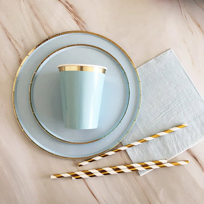 Gold Blue Party Disposable Tableware Paper Straw Cups Plates Napkins Baby Shower Favors Birthday Wedding Decor Party Supplies.
