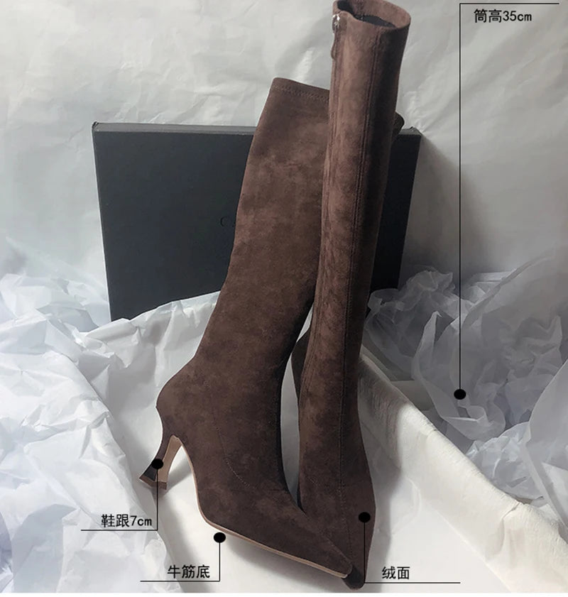 Women Stretch Modern Long Boots Fashion Pointed Toe Knee High Booties Designer High Heels Shoes.