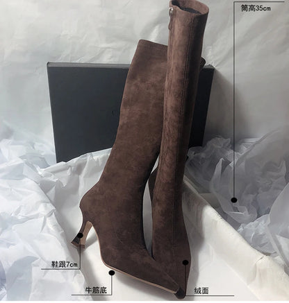 Women Stretch Modern Long Boots Fashion Pointed Toe Knee High Booties Designer High Heels Shoes.