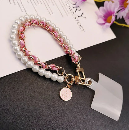 26cm Leather Pearl Camellia Mobile Phone Charm Bracelet Chain Anti-lost Universal Cell Phone Strap Rope Pendant Metal Key Chain.