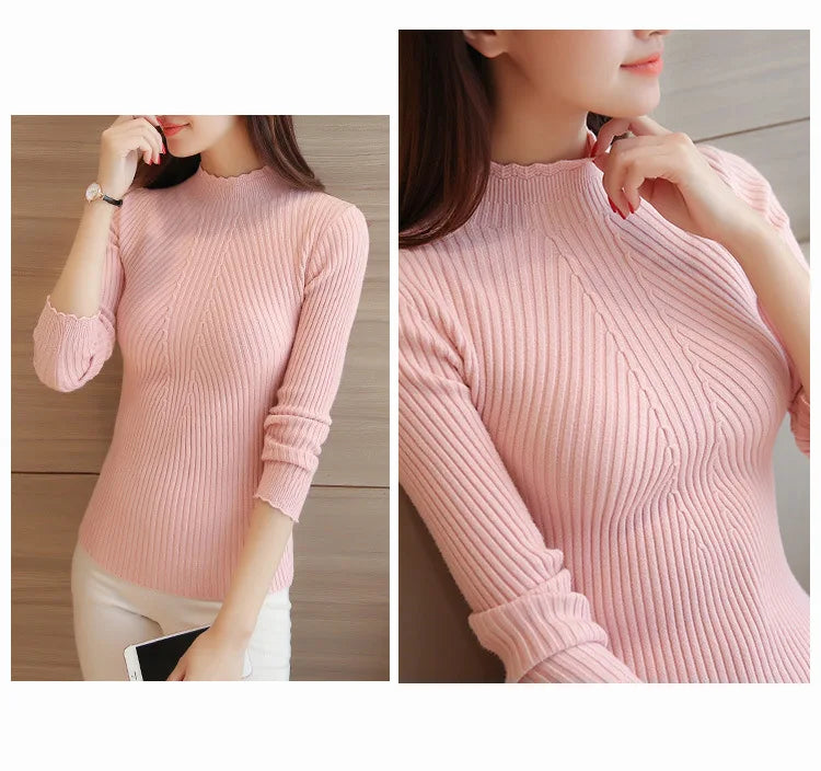 2025 herbst Frauen Mock Neck Rüschen Pullover Langarm Gestrickte Bodenbildung Solide Pullover Streifen Frauen Casual Pullover Winter.