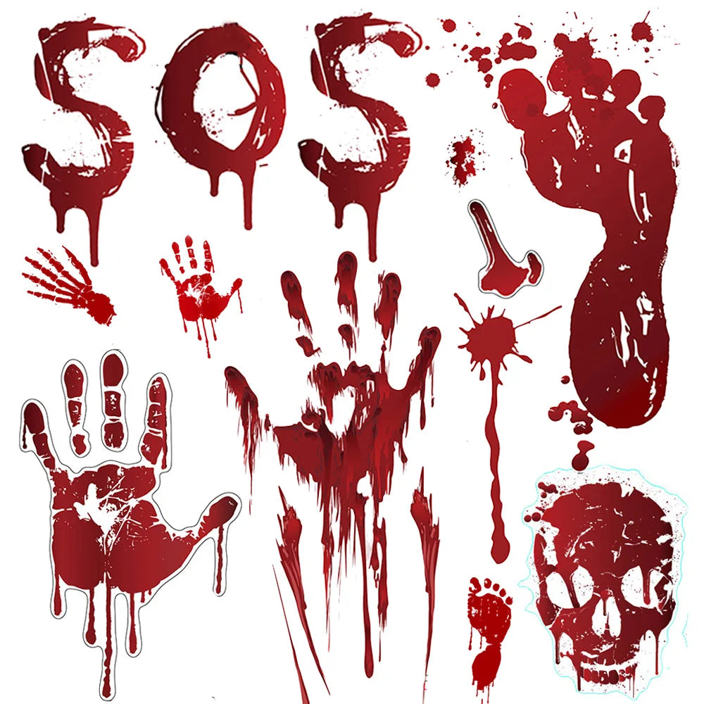 Halloween Wandt üren Fenster Aufkleber Blut Handabdruck Fußabdruck Schädel Muster Halloween Party Szene Dekor liefert Horror Requisiten.