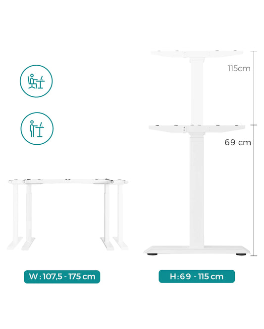 SONGMICS Höhenverstellbarer Schreibtisch elektrisch, Schreibtischständer, Doppelmotor, mit Haken, stufenlos verstellbar
