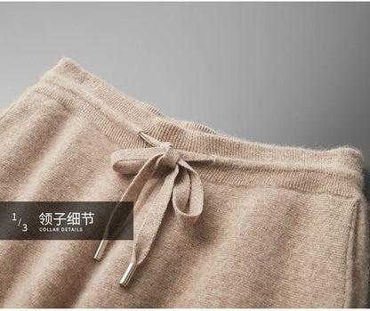 Thickened Four-Point Split Wear-Resistant 100% Cashmere Knitted Pants for Men with Pockets Elastic Waist Drawstring Slim Pants.