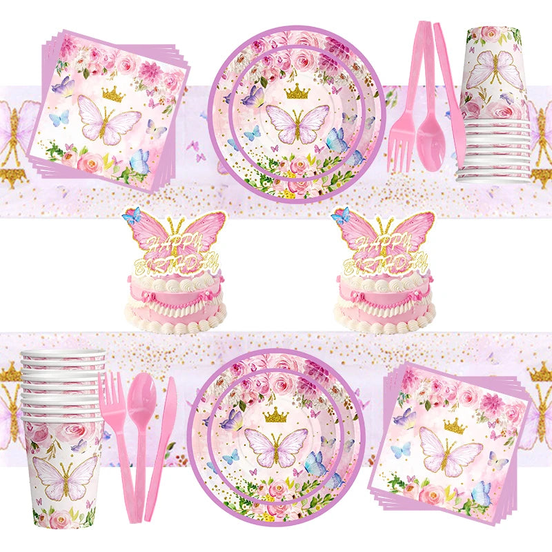 Schmetterling Geburtstag Party Dekoration Mädchen Einweg Geschirr Set Pappteller Tasse Ballon Tischdecke Schmetterling Thema Liefert.
