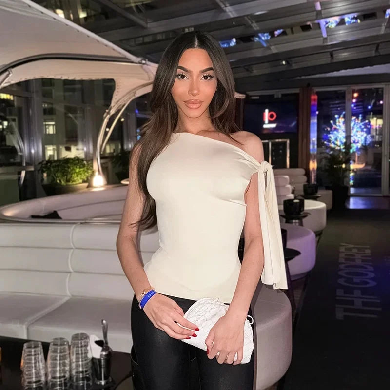 Sexy Asymmetrical Shoulder T-Shirt Women's Versatile Strapless Top Summer New Arrival Polyester Fiber One-Shoulder Sleeveless