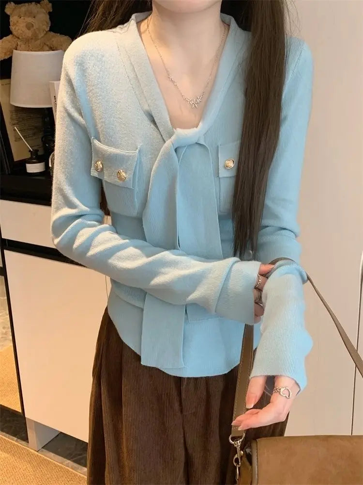 Frauen Frühling Herbst Einfachheit Büro Dame V-ausschnitt Einfarbig Langarm Strickwaren Damen Mode Alle-spiel Temperament Tops