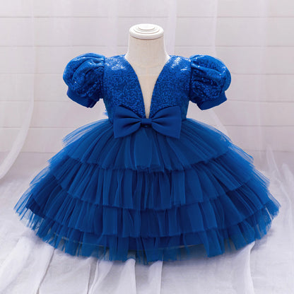 Kinder Abendkleid Pailletten Puffärmel Prinzessin Kleid Mesh Puffed Kleid Geburtstag Party Host Kleid.